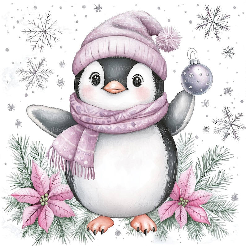 Puede incluir: Un ping&uuml;ino lindo con un gorro y una bufanda rosas sostiene un adorno navide&ntilde;o plateado. El ping&uuml;ino est&aacute; rodeado de copos de nieve y poinsettias.