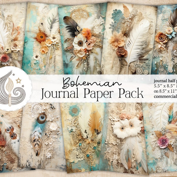 Bohemian Junk Journal Pages | Boho Chic Feathers | Printable Paper | Hippie Journaling Pages | Digital Scrapbooking | Commercial Use