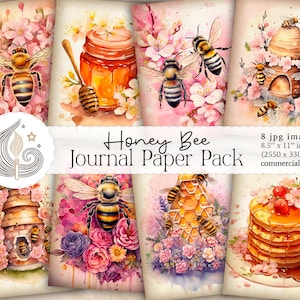 Könnte beinhalten: Ein digitales Papierpaket mit acht Aquarell-Illustrationen mit Honigbienen, Honigwaben, Blumen und einem Honigglas. Die Illustrationen sind in Rosatönen, Gelb und Braun gehalten. Der Text "Honey Bee Journal Paper Pack" befindet sich oben im Bild.