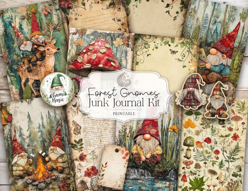 Waldgnome-Junk-Journal-Set: Druckbare Seiten und Erinnerungsstücke im Wald-Cottagecore-Stil