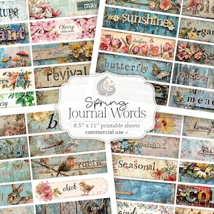 Frühling Printable Junk Journal Wörter | Collage Sheet | Digital Journal Worte | Frühling Ephemera | Scrapbooking | Etiketten | Stichworte