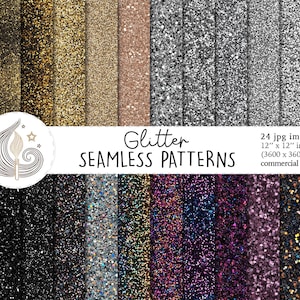 May include: 24 digital seamless glitter patterns in various colours, including gold, silver, black, purple, and rainbow. Each pattern is 12 inches by 12 inches and 3600 pixels by 3600 pixels.  These patterns are for commercial use.