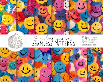 Patrones sin costuras de caras sonrientes: Paquete de papel digital retro con iconos pintados a color.