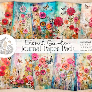 Boho Floral Garden Junk Journal halbe Seiten | Wunderlicher Schmetterling | Bunte Blumen Digital Paper Pack | Journal Printables | Kunsthandwerk