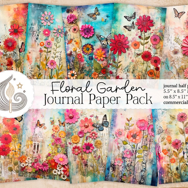 Boho Floral Garden Junk Journal Half Pages | Whimsical Butterfly | Colorful Flowers Digital Paper Pack | Journal Printables | Crafts