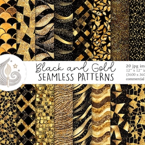 Black and Gold Seamless Patterns: Luxury Geometric Digital Paper Pack with Elegant Glitter Design