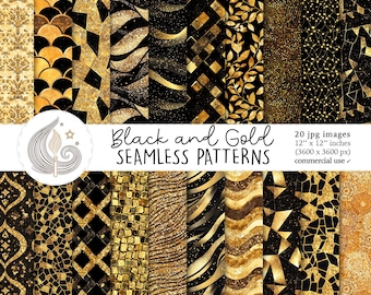Black and Gold Seamless Patterns: Luxury Geometric Digital Paper Pack with Elegant Glitter Design