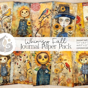 May include: Whimsy Fall Journal Paper Pack - A set of 8.5 x 11 inch sheets with 5.5 x 8.5 inch printable journal pages featuring whimsical fall illustrations of scarecrows, sunflowers, and birds.  Commercial use.