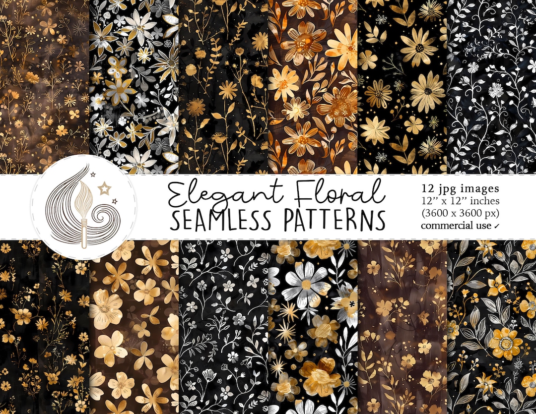 Elegant Floral Seamless Patterns: Black and Gold Digital Paper Pack ...