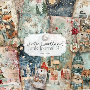 Kit de diário de lixo de inverno de animais da floresta | Ephemera imprimível de Natal | Páginas de scrapbook de férias da floresta de corujas-raposa | Artesanato em papel | Faça você mesmo