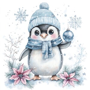 Puede incluir: Un lindo ping&uuml;ino de dibujos animados con un gorro y una bufanda azules, sosteniendo un adorno navide&ntilde;o azul. El ping&uuml;ino est&aacute; de pie frente a un fondo nevado con flores de poinsettia rosas.