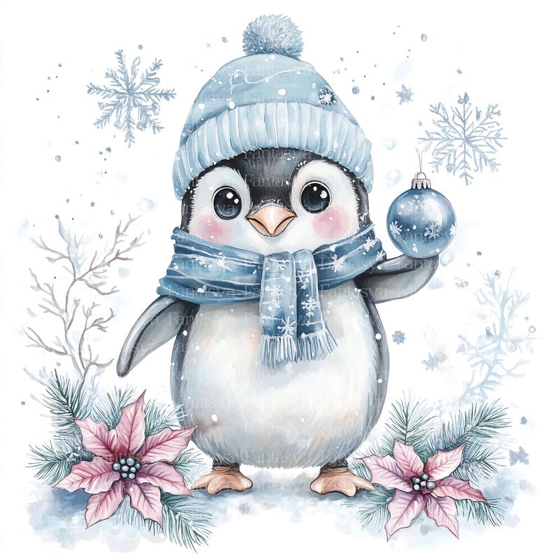 Puede incluir: Un lindo ping&uuml;ino de dibujos animados con un gorro y una bufanda azules, sosteniendo un adorno navide&ntilde;o azul. El ping&uuml;ino est&aacute; de pie frente a un fondo nevado con flores de poinsettia rosas.