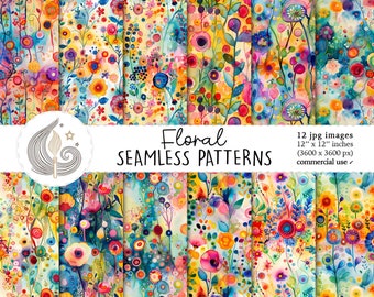 Vibrant Floral Seamless Patterns: Colorful Botanical Digital Paper Pack with Artistic Watercolor Flowers