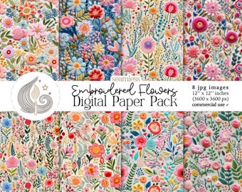 Whimsical Pastel Floral Embroidery | Seamless Patterns | Embroidered Floral Digital Paper | Faux Fabric | Scrapbooking | Crafts | Diy