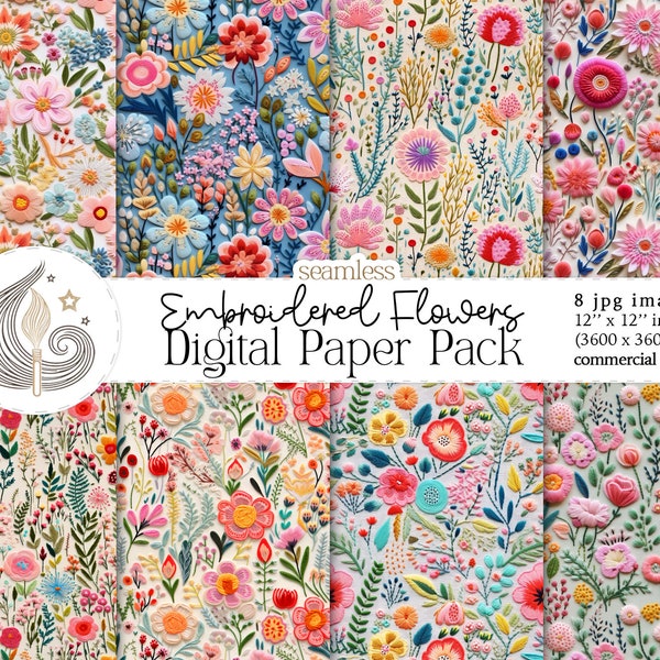 Whimsical Pastel Floral Embroidery | Seamless Patterns | Embroidered Floral Digital Paper | Faux Fabric | Scrapbooking | Crafts | Diy