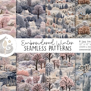 Può includere: Una collezione di otto motivi senza cuciture a tema invernale. Ogni motivo presenta un paesaggio innevato con case e alberi. I motivi misurano 30.48 cm x 30.48 cm e sono per uso commerciale. È visibile anche il testo "Embroidered Winter SEAMLESS PATTERNS".