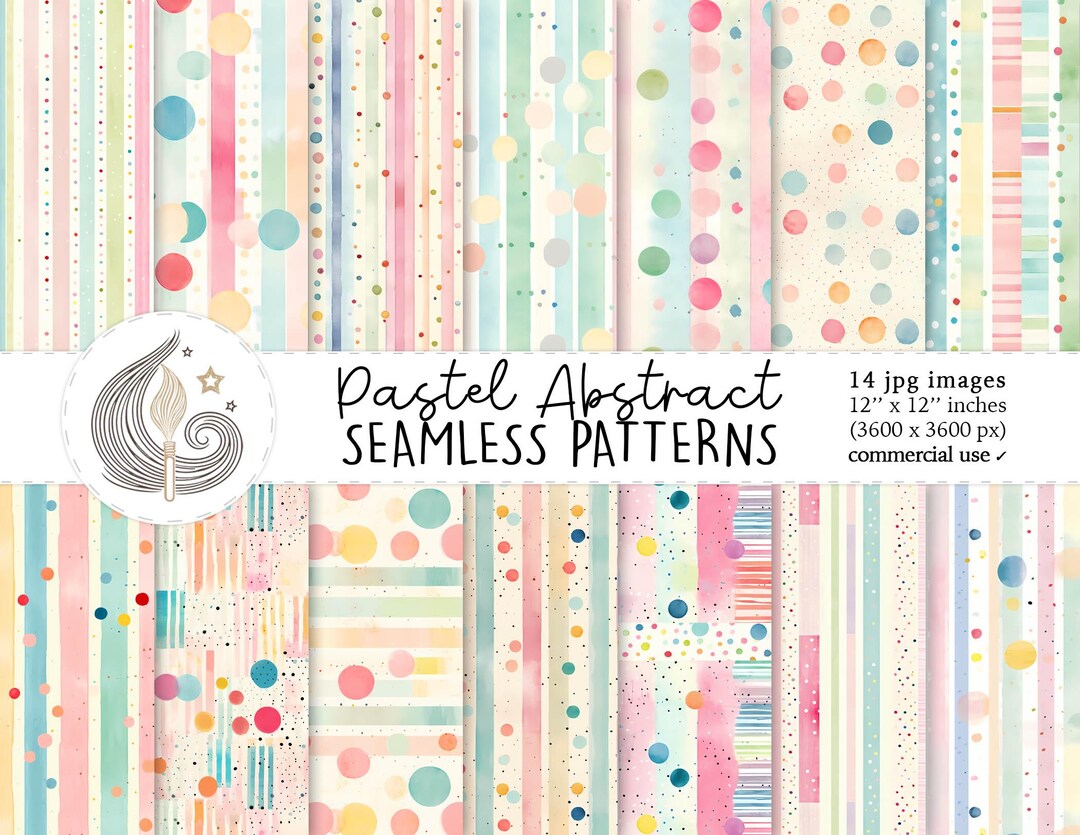 Pastel Abstract Seamless Patterns: Soft Stripes and Polka Dot Digital ...