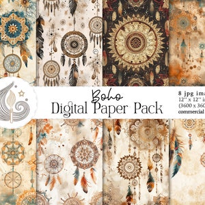 Boho Dreamcatchers digitaal papierpakket | Boho-patronen | Boho chique aquareltexturen | Aardse tinten | Plakboek | Ambachten