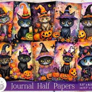 Whimsical Halloween Cats Junk Journal Demi-pages, Pack de papier imprimable, Fournitures de journal, Kit de scrapbooking, Artisanat, Collage, Cartes