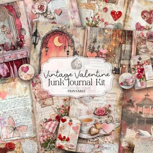 Kit diario vintage di San Valentino / Pagine di collage romantiche / Stampabile shabby chic / Cuori floreali rosa / Effimere per scrapbooking