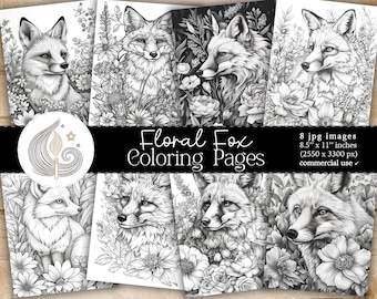 Printable Floral Fox Coloring Pages | Floral Fox Greyscale Coloring Sheet | Floral Fox Digital Coloring Book For Adults