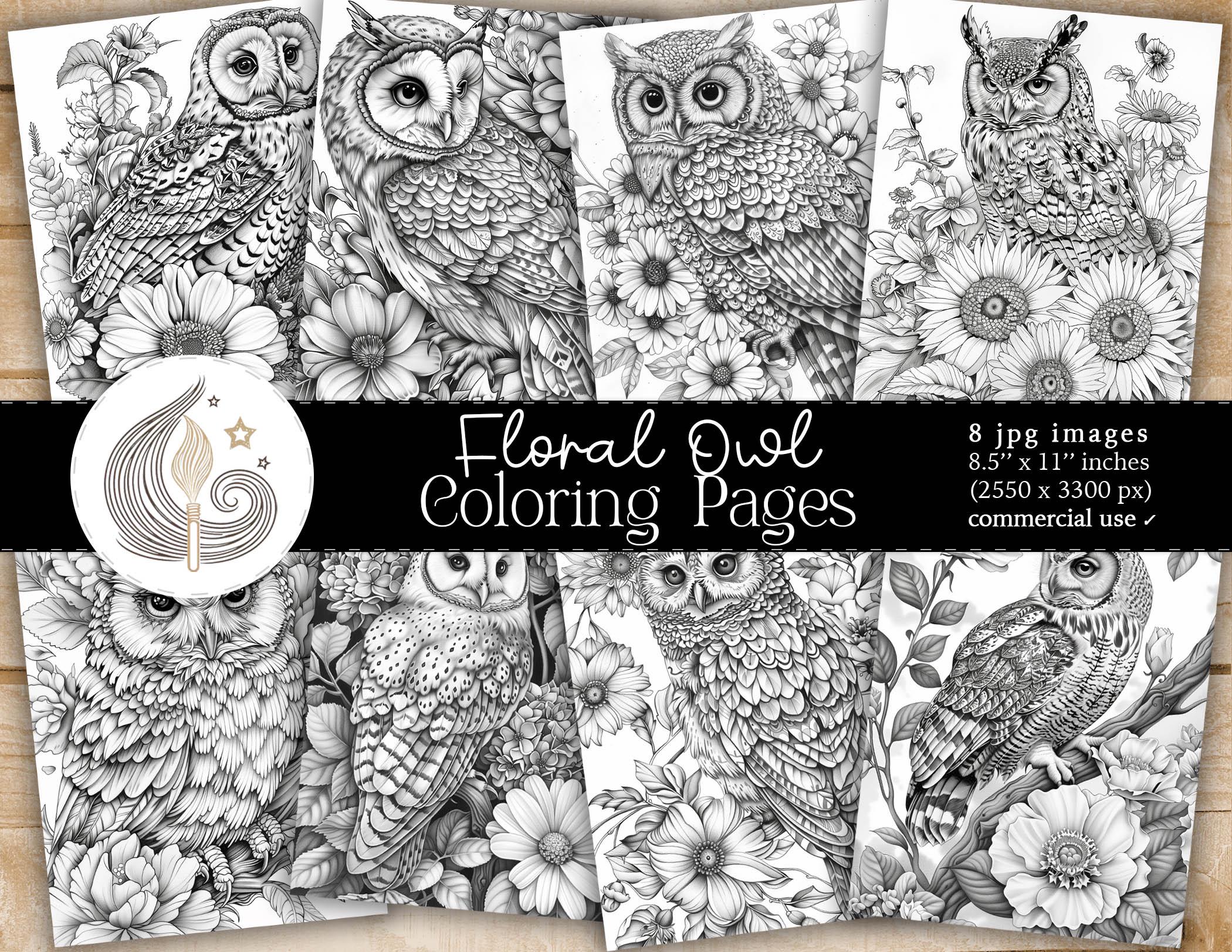 Owl Coloring Pages | Printable Digital Coloring | Floral Owl Printable Coloring Book | Instant Downl