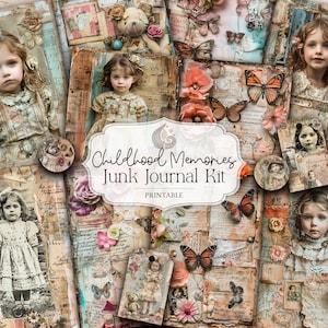 May include: Printable junk journal kit with a vintage aesthetic featuring images of children, butterflies, flowers, and old paper textures. The kit is titled "Childhood Memories Junk Journal Kit".