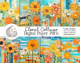 Floral Collage Digital Paper Pack: Mixed Media Flower Backgrounds in Orange and Blue Tones