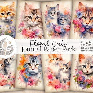 Papier journal indésirable pour chats | Chats floraux aquarelle | Fournitures de journaux | Pages de journaux imprimables | Scrapbooking | Collages | Fabrication de cartes