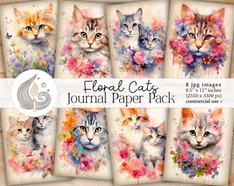 Floral Cats Junk Journal Pages: Soft Animal Papers with Kittens, Flowers, and Pastel Textures