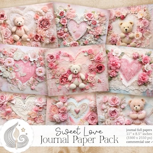 Zoete liefde dagboekpapier | Teddybeer roze rozen hart shabby chique romantische junk Journal Kit | Jubileumcadeaus | Kaarten | Afdrukbare exemplaren