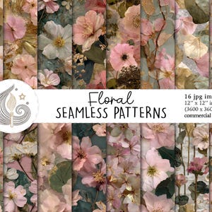 Pode incluir: Dezasseis padrões florais sem costura com flores rosa e brancas e folhas verdes. Cada padrão mede 30,48 cm x 30,48 cm e é para uso comercial. A imagem inclui o texto "Floral Seamless Patterns".