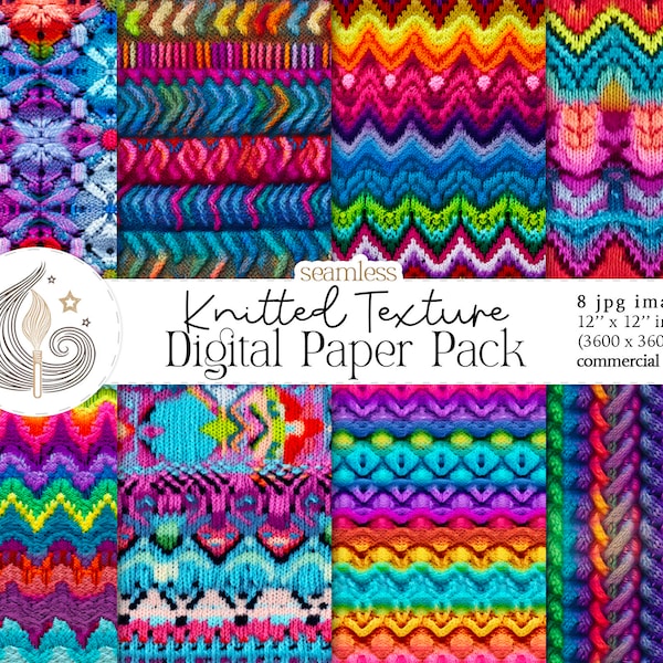 Seamless Knitted Texture Digital Paper Pack | Boho Rainbow Knitwear Fabric | Hippie Wool Knit Background | Scrapbooking | Commercial Use