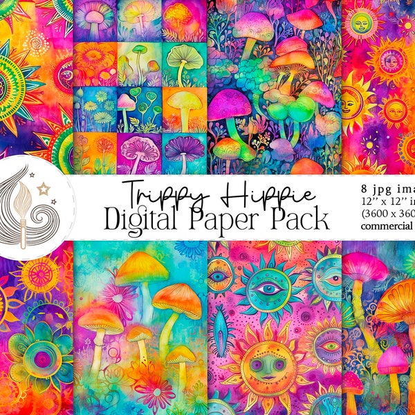 Trippy Hippie Pattern | Commercial Use | Digital Paper Pack | Hippie Textures | Psychedelic | Mushrooms | Watercolor | Scrapbook Paper