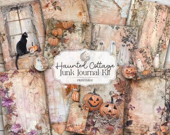May include: A collection of printable junk journal pages with a vintage Halloween theme. The pages feature illustrations of pumpkins, ghosts, and a black cat, with a distressed, aged paper effect. The text "Haunted Cottage Junk Journal Kit" is visible.