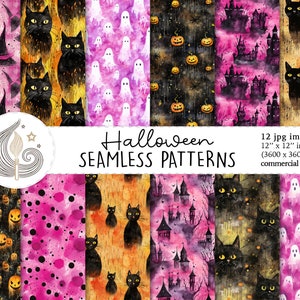 Seamless Halloween Pattern | Commercial Use | Seamless Halloween Digital Paper | Watercolor Cute Black Cat Ghost Pumpkin | Scrapbook Paper