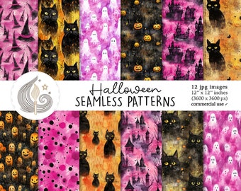 Watercolor Halloween Seamless Pattern: Cat, Ghost, Pumpkin (Commercial Use)