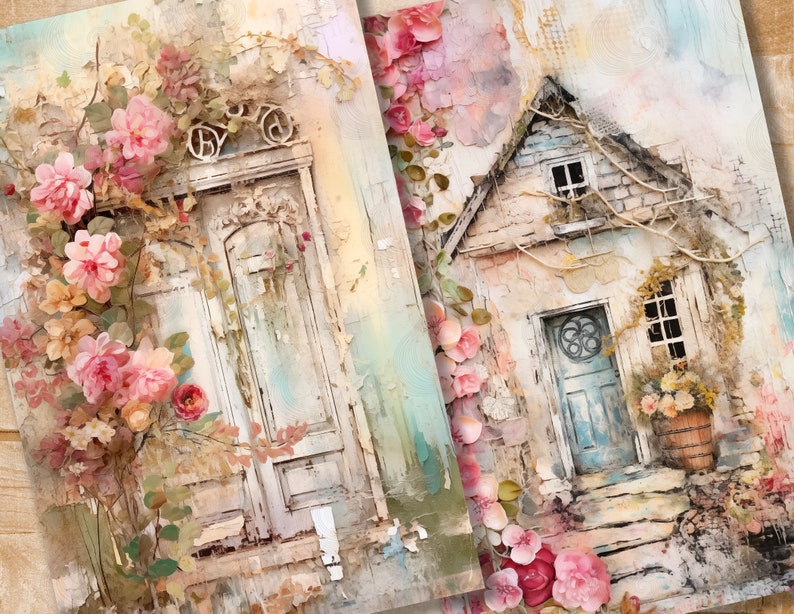 French Cottage Junk Journal Pages: Rustic Floral Papers with Charming Doors & Cozy Village Atmosphere image 2