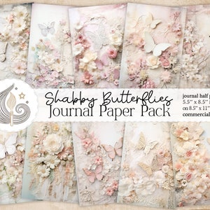 Junk Journal Seiten | Zarte Schmetterlinge in Pastellrosa Shabby Chic | Digitaler Download | Junk Journal Papier Pack | Rosen | Spitze | Blumen