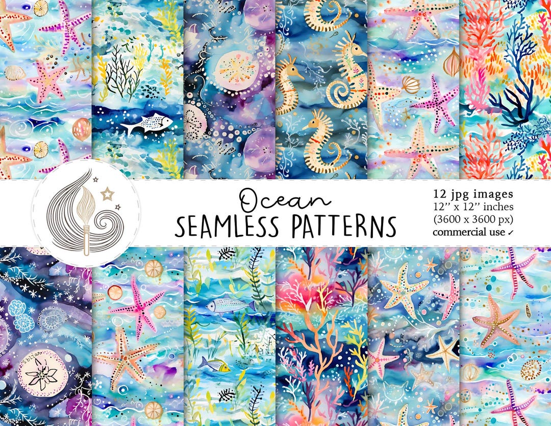 Ocean Seamless Patterns: Watercolor Sea Life Digital Paper Pack With ...