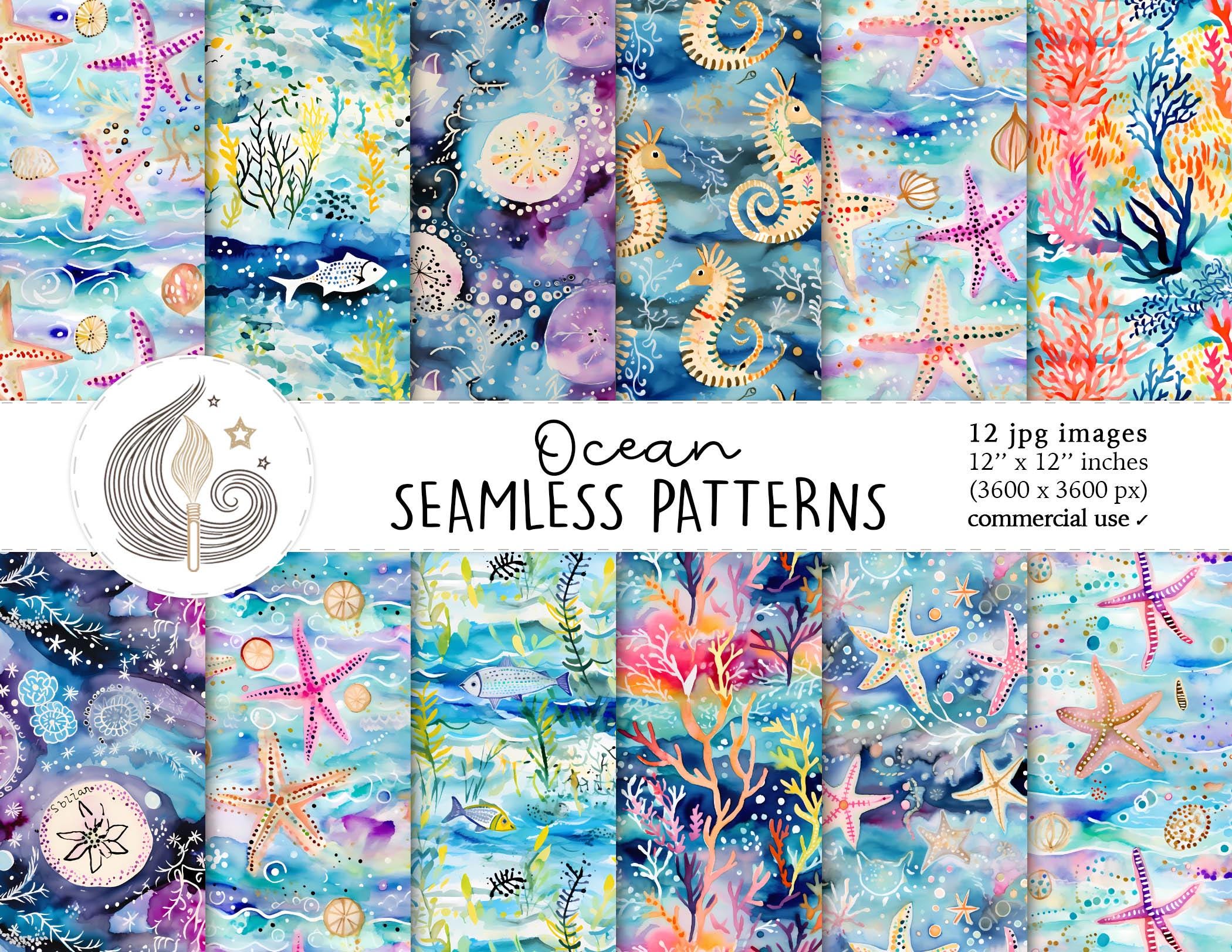 Ocean Seamless Patterns: Watercolor Sea Life Digital Paper Pack With ...