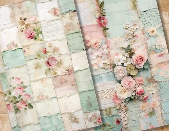 パッチワークのジャンクジャーナルページ：キルティングされた花柄の
