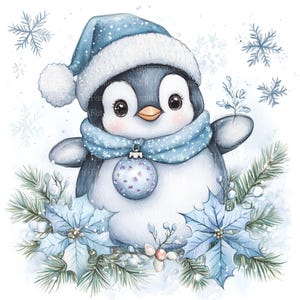 Puede incluir: Un lindo ping&uuml;ino de dibujos animados con un gorro de Pap&aacute; Noel azul y una bufanda, sosteniendo un adorno navide&ntilde;o azul. El ping&uuml;ino est&aacute; rodeado de flores de poinsettia azules y ramas de pino.