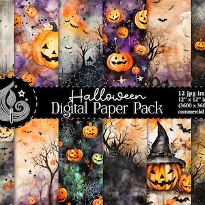 Papier numérique d’Halloween | Modèles d’Halloween à l’aquarelle | Fabrication de cartes | Éphémères d’Halloween | Citrouilles effrayantes | Maison hantée | Sorcière