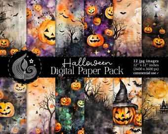 Halloween Digital Paper Pack: Watercolor Spooky Backgrounds with Pumpkins & Haunted Scenes