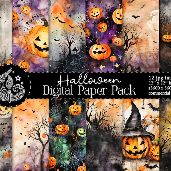Halloween Digital Paper | Watercolor Halloween Patterns | Card Making | Halloween Ephemera | Spooky Pumpkins | Haunted House | Witchy