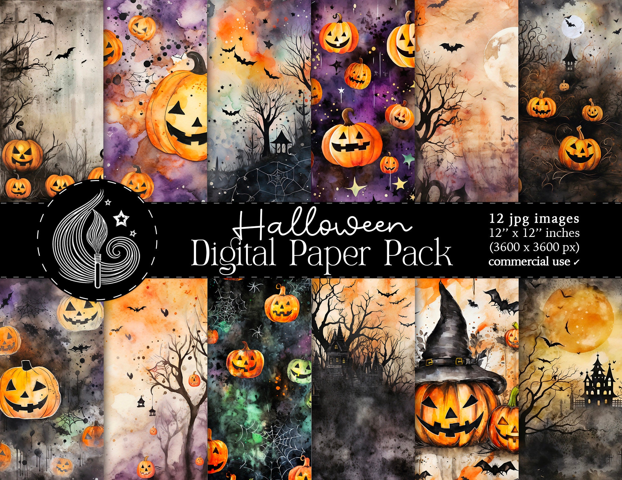 Halloween Digital Paper | Watercolor Halloween Patterns | Card Making | Halloween Ephemera | Spooky Pumpkins | Haunted House | Witchy