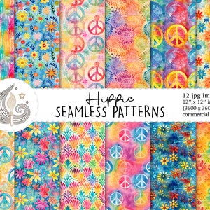 Motif hippie sans couture | Utilisation commerciale | Papier numérique hippie sans couture | Aquarelle Flower Power Peace Boho Groovy | Papier de scrapbooking