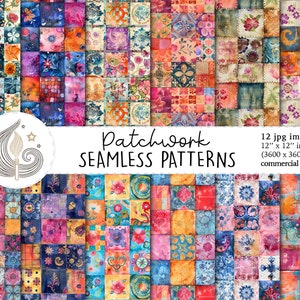 Patrón de patchwork bohemio sin costuras / Uso comercial / Papel digital de patchwork sin costuras / Papel vintage retro hippie gitano / Papel para álbumes de recortes