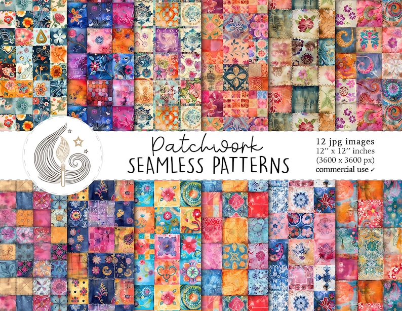 Puede incluir: Doce patrones de patchwork digitales sin costuras en una variedad de colores y dise&ntilde;os florales. Cada patr&oacute;n mide 12 pulgadas por 12 pulgadas y 3600 p&iacute;xeles por 3600 p&iacute;xeles. Los patrones son adecuados para uso comercial.